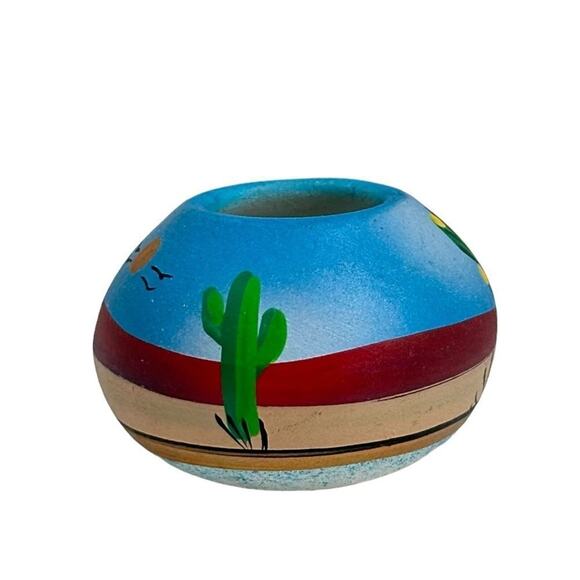 TESA Hand Painted Mini Pottery Vase Desert Scene Cactus Sun Southwest Mexico - Picture 3 of 11